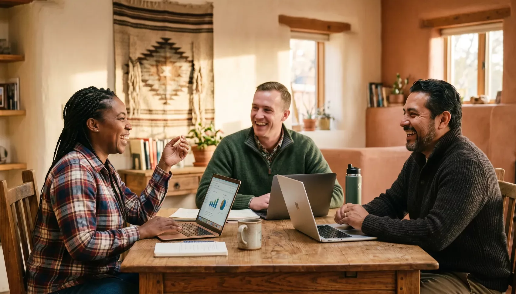 A small team discussing tribal lending services in a sunlit office