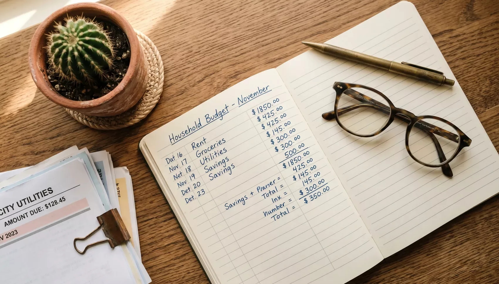 A paper loan ledger, calculator, and pencil laid out on a warm wooden desk
