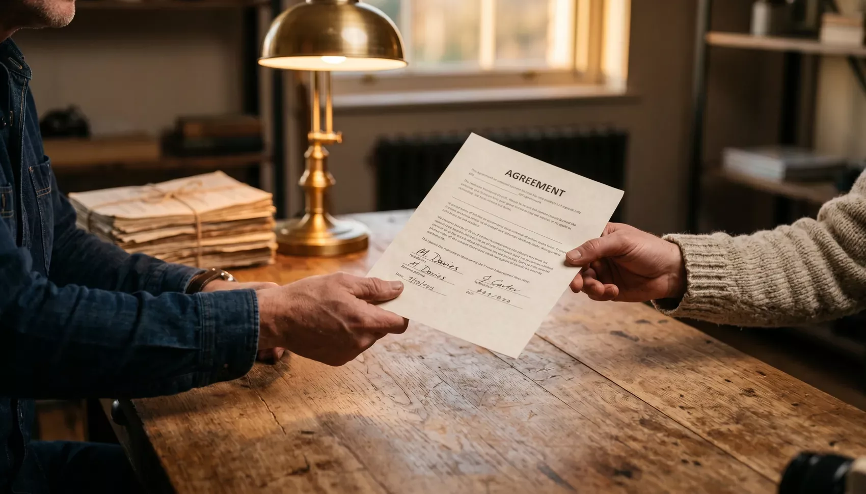 A tribal lending officer and a borrower reviewing loan documents together across one desk — no brokers in between